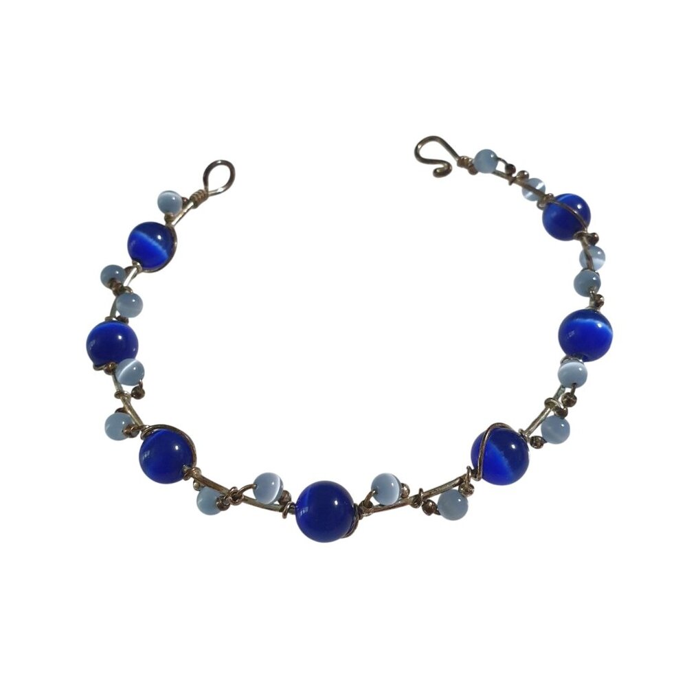 Vintage Blue Wired Beaded Bracelet Hook Clasp Multicolor Beads Handmade Boho